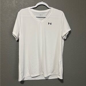 Under Armour Men’s White V-Neck Performance Shirt with Black Logo